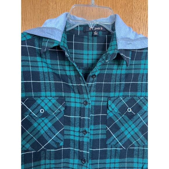 I. Joah Tops - I Joah green/black plaid button down long sleeve hoodie shirt, Women's S